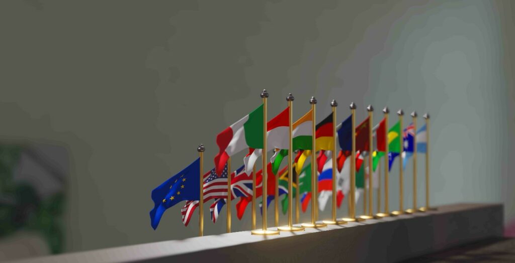 Na imagem aparecem miniaturas de bandeiras, representando a reunião do G20, no B20 2024
