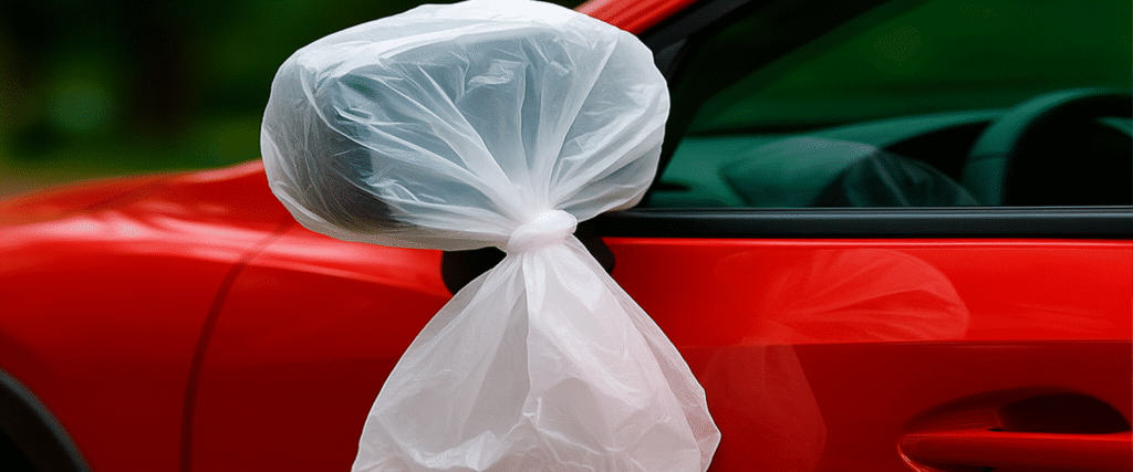Saco plástico no retrovisor protege carros, descubra a versatilidade do material
