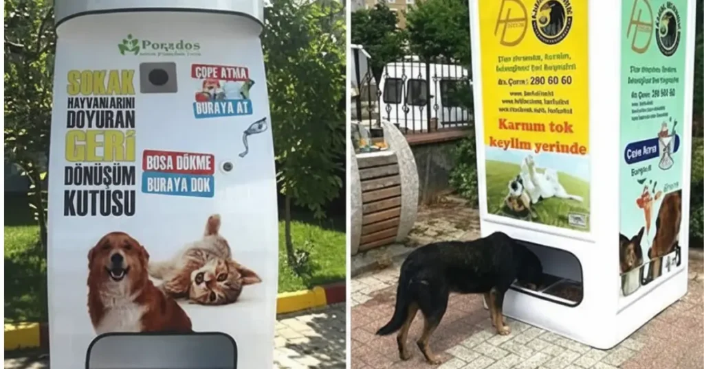 Máquina troca garrafas plásticas por ração e água para animais de rua