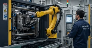 Automação em injeção plástica: o que uma célula robotizada entrega que o operador humano não consegue manter e o que ela nunca vai substituir